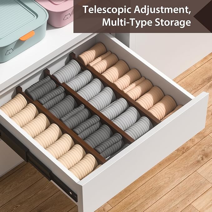 4 PCS Drawer Divider, 17"-22" Adjustable Bamboo Drawer Dividers Organizers, 2.3" High Expandable Separators for Kitchen, Clothes, Dressers, Home, Office, Mocha