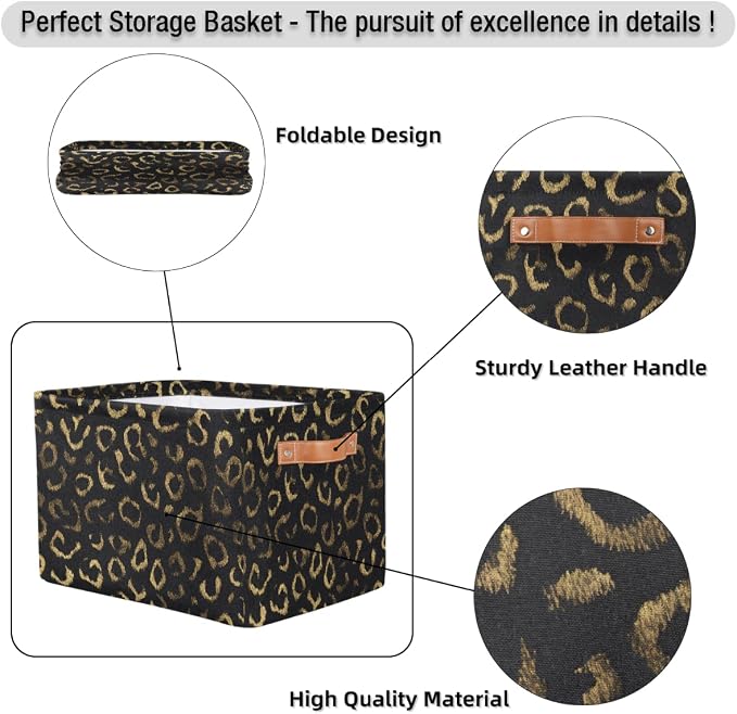 Pardick Black Gold Leopard Basket Storage Bins Large Fabric Toys Storage Cube Box with Handles Collapsible Closet Shelf Cloth Organizer Basket for Nursery Bedroom Bathroom Holiday Gift