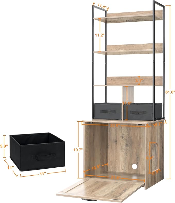 Dwanton Cat Litter Box Enclosure, 3 Storage Shelves and 2 Drawers, 61.8" H | 2-in-1 Hidden Cat Litter Box Enclosure Furniture with Shelf, Metal Frame, Reversible Entrance, Washable Drawers, Greige