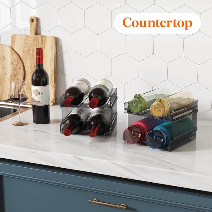 Lifewit Stackable Wine Rack for Cabinet, Plastic Refrigerator Wine Holder | Black Water Bottle Storage Rack for Fridge Shelf, Tumbler Cup Organizer Holds 4 Bottles for Countertop, Kitchen Organization