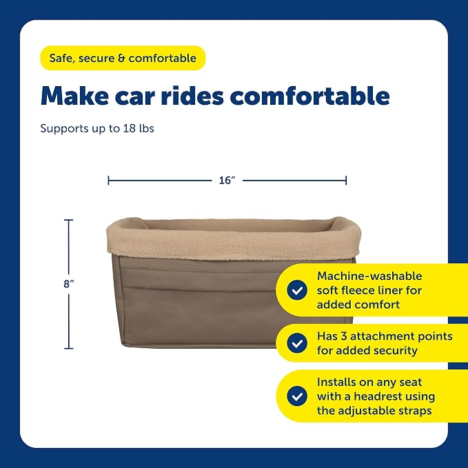 PetSafe Happy Ride Dog Booster Seat, Brown, Up to 18 lb | Raises Small Dogs to Window Height In Most Cars, Connects to Seatbelt with Safety Tether, Fleece Liner Is Machine Washable