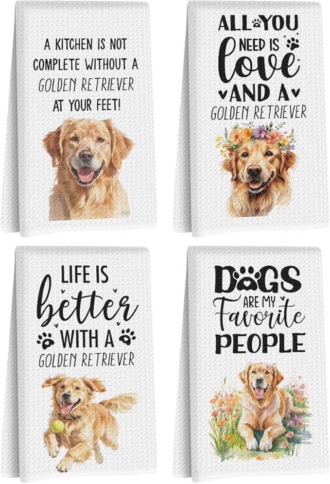4Pcs Golden Retriever Dog Kitchen Towels 24x14 Inch, Golden Retriever Gifts for Women Mom, Reusable Dish Towels for Kitchen Bathroom Decor, Waffle Weave Absorbent Hand Cloth Tea Towel,Dog Lover Gifts