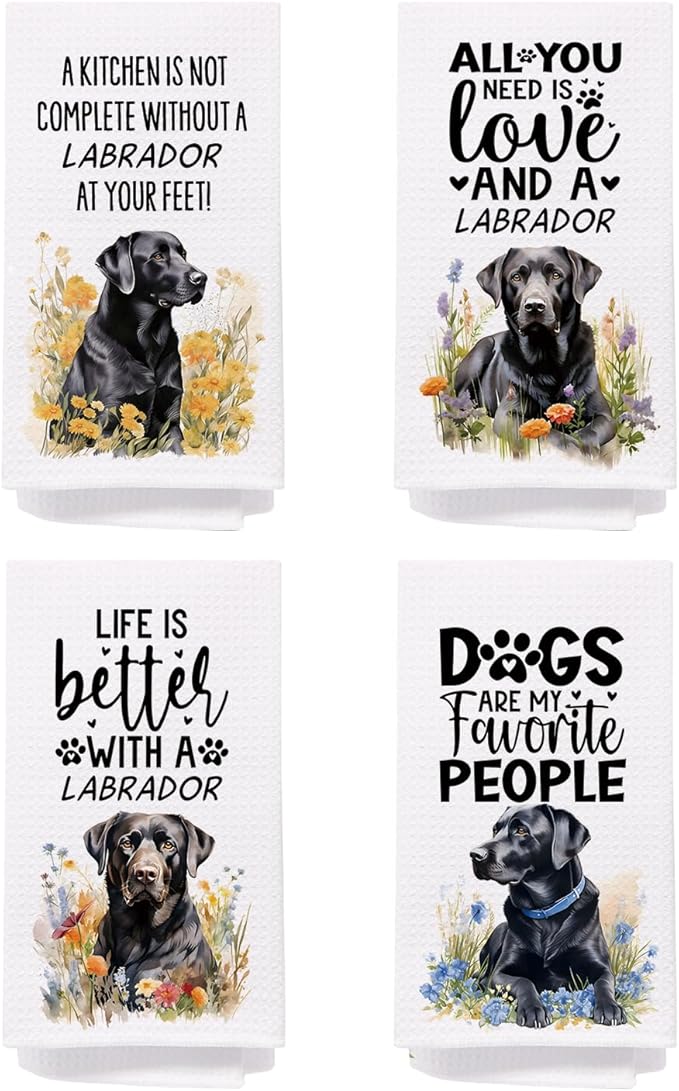 SPBL&L Black Labrador Retriever Dog Kitchen Towels Set of 4, Labrador Retriever Gifts for Women,Labrador Decor Tea Dish Towels for Kitchen,Labrador Decorative Hand Towels for Bathroom, 16x24 Inches