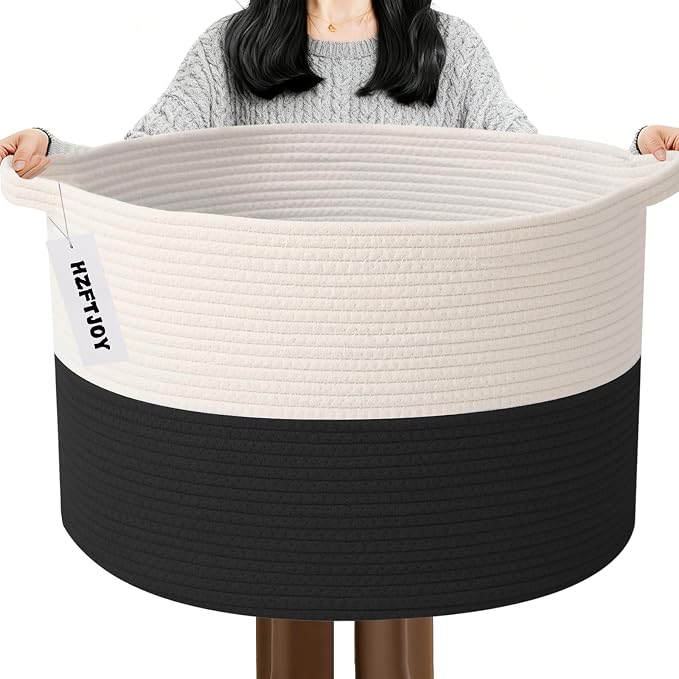 65L Large Blanket Basket,Woven Rope Laundry Basket-White&Black | Collapsible, reinforced handles, nursery storage bin organizes clothes, toys and pillows for living room, bedroom bathroom