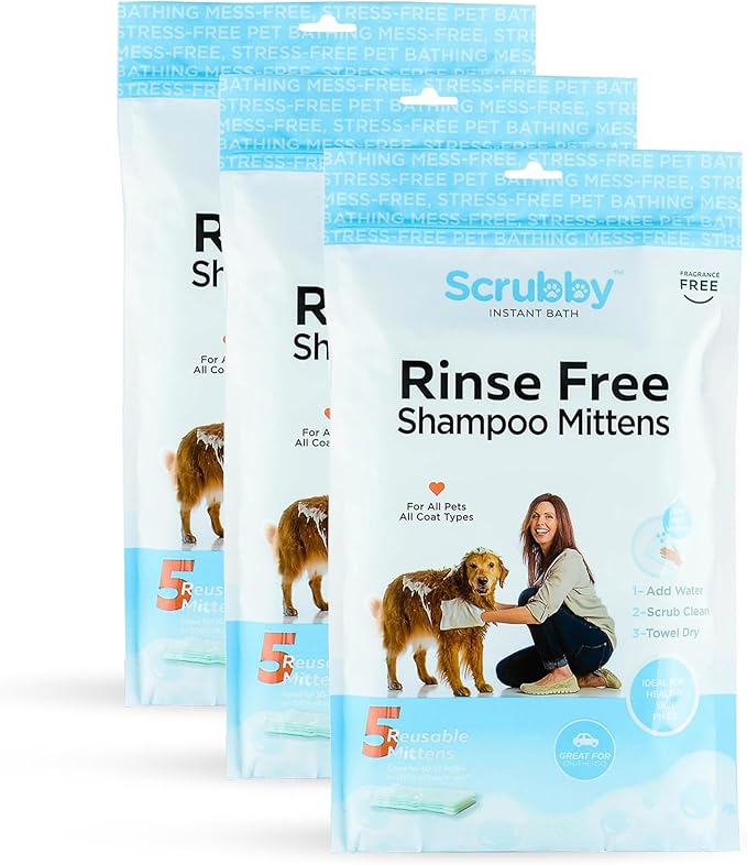 Scrubby Pet No Rinse Pet Wipes | Rinse Free Shampoo Mittens | Dogs & Cats | Bath Wipes - Bathing & Washing Pets, Hypoallergenic | No Rinse Wash Mitt | Grooming, Lather Wipe Dry - Pack of 15