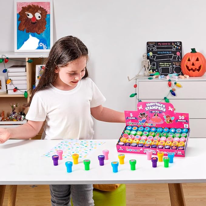 JOYIN 50 Pcs FairyTale's Themed Stamps for Kids - Self-Ink Stamps with 50 Designs for Birthday Party Favor, Carnival Prizes, Goodie Bag, School Treasure Box Toys (Mermaid, Princess, Unicorn Stampers)