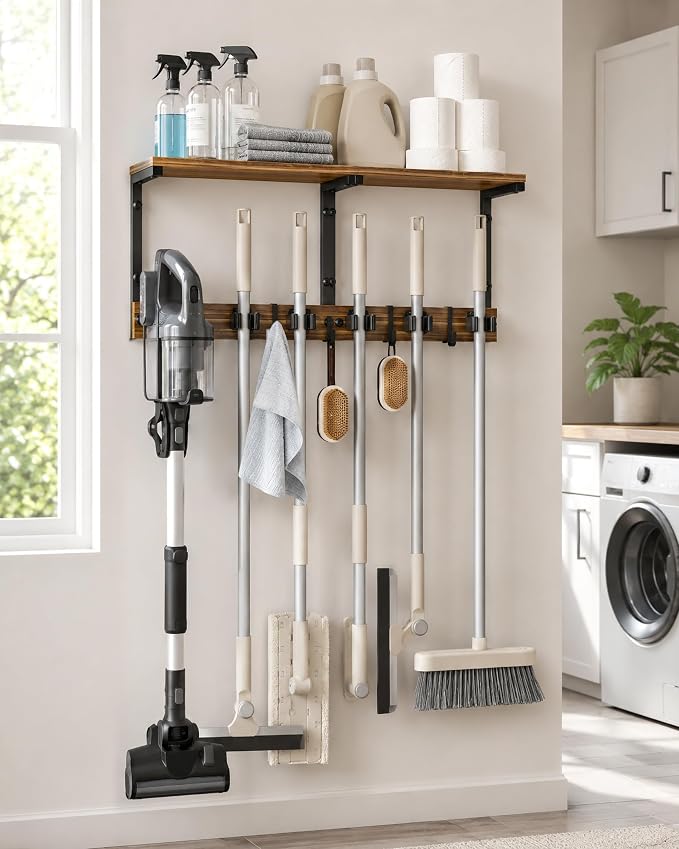 Broom and Mop Holder Wall Mount, 27" Large Organizer with Wood Shelf | Vacuum Holder, 5 Heavy-Duty Grippers, 5 Movable Metal Hooks for Laundry Room, Garage and Utility Closet Organization