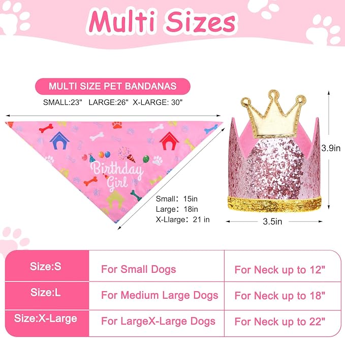 Rensh Dog Birthday Party Supplies, Dog Birthday Bandana Hat with Numbers for X-Large Large Small Pets, Multi Size Birthday Decorations for Dogs and Cats (Pink, X-Large)