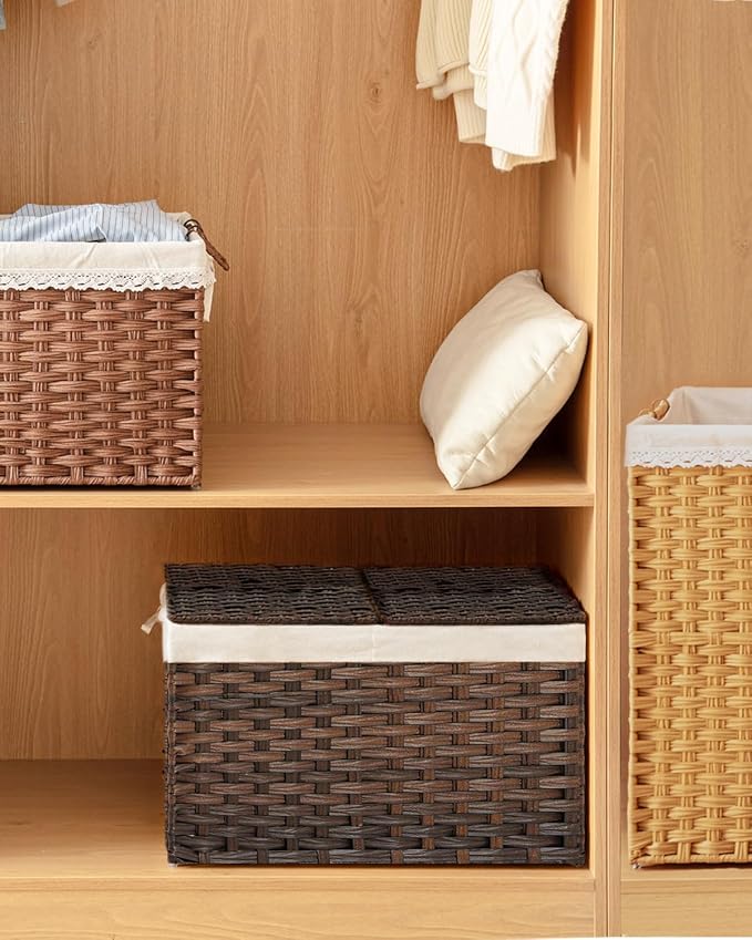 SETVSON Storage Basket with Lid, 2-Lid PE Rattan Storage Bin, Brown | 65L Storage Bin with 2 Separate Lids, 2 Removable Liners with Divider for Clothes & Blankets, Sturdy Frame, Brown