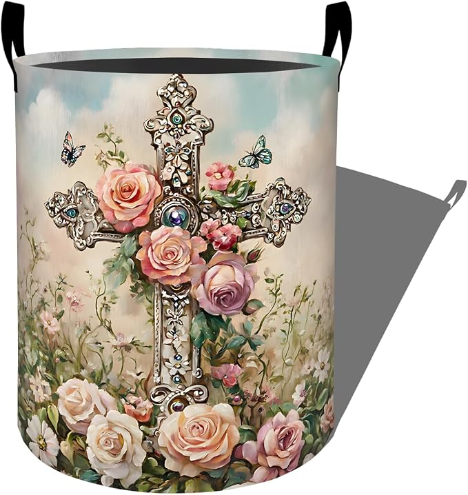 Retro Cross Floral Laundry Basket, Garden Flower Ornate Art Storage Hamper, Round Collapsible Waterproof Cloth Bin, 19.7x15.7 Inch Vintage Clothes Organizer Gifts for Bathroom Decor