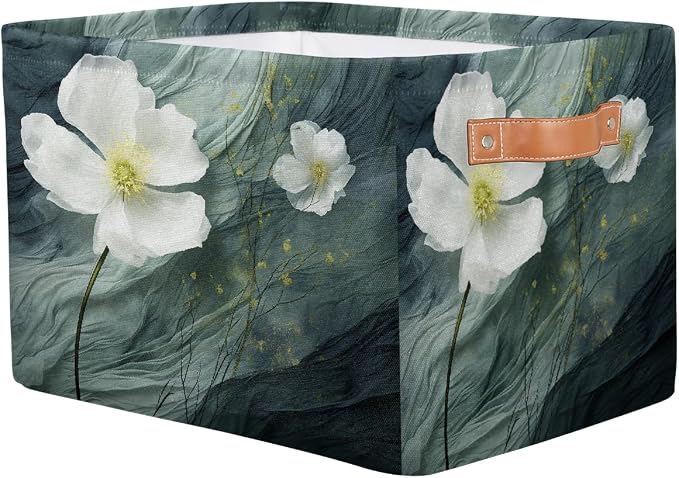 White Floral Flower Rectangular Storage Bin Collapsible Storage Basket Organizer Boxes with Leather Handle Storage Cube for Shelves Toy Laundry Nursery 1 PC