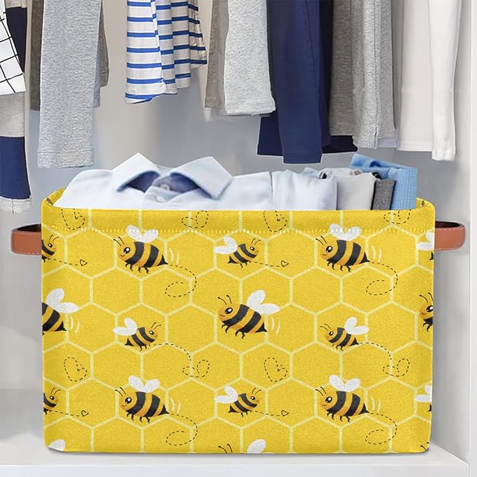 AUUXVA Bee Storage Basket Yellow Honeycomb Beehive Geometric Pattern Storage Cube Box Canvas Collapsible Toy Basket Organizer Bin with Handles for Shelf Closet Bedroom Home Office