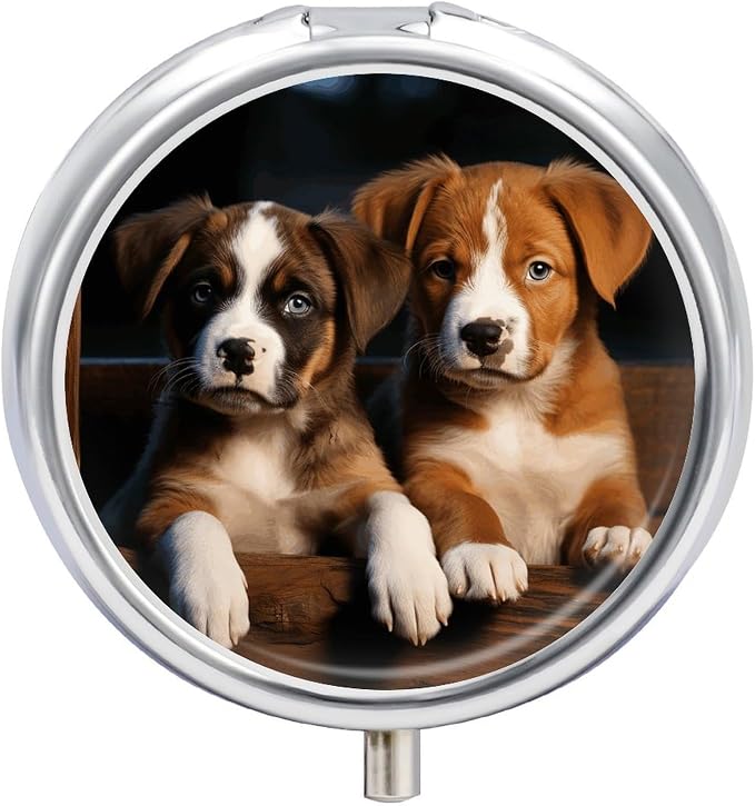 Puppies Dogs Pets Animals Pill Box Exquisite Round Pill Organizer 3 Compartments Portable Pill Case Waterproof Mini Medicine Container Cute Medicine Box for Pocket Purse Daily Vitamin Holder