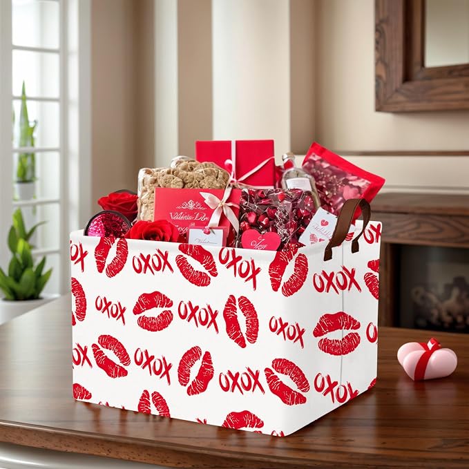 Valentine's Day Basket for Gifts Empty Cute Heart Large Gift Basket Decorative Storage Bin for Kid and Baby Room Décor (XOXO Red Lips)