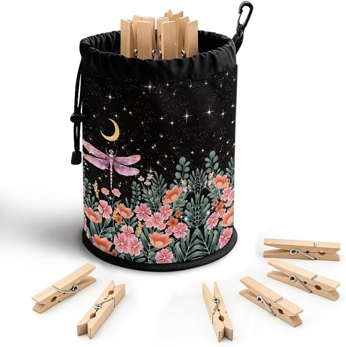 Dragonfly Floral Clothespin Storage Bag Drawstring, Laundry Peg Organizer Pouch with Metal Button for Hanging, Portable Clips Holder for Drying Rack, Camping, Dorm