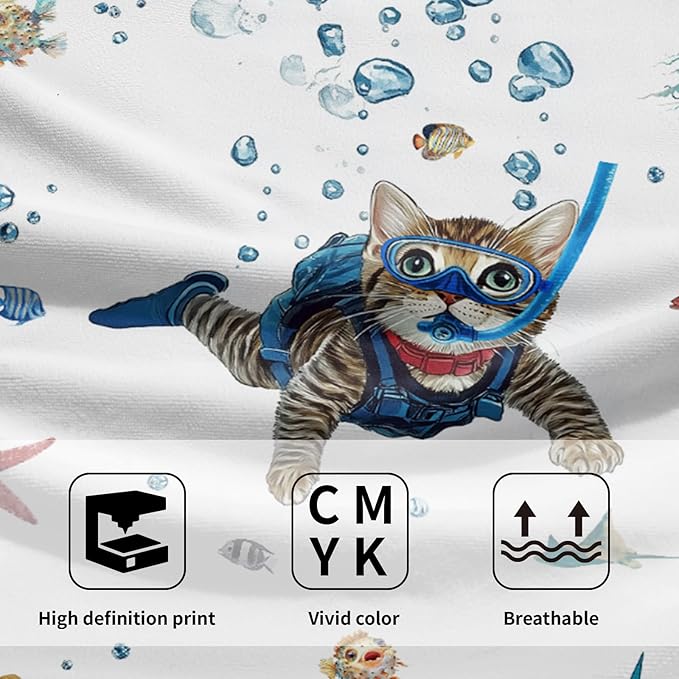Giwawa Funny Cat Hand Towel Set of 2 Summer Nautical Ocean Blue Sea Towel Underwater Swimming Kitten Decorative Face Fingertip Towel Dish Wash Cloth for Bathroom Hotel Gym Home Spa