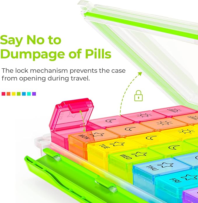 AUVON Large Moisture-Proof Weekly Pill Organizer 4 Times a Day, BPA-Free | 7 Day Pill Box Case with Portable Design for Travel, Removable Individual Containers Hold Vitamins, Supplements, Medications