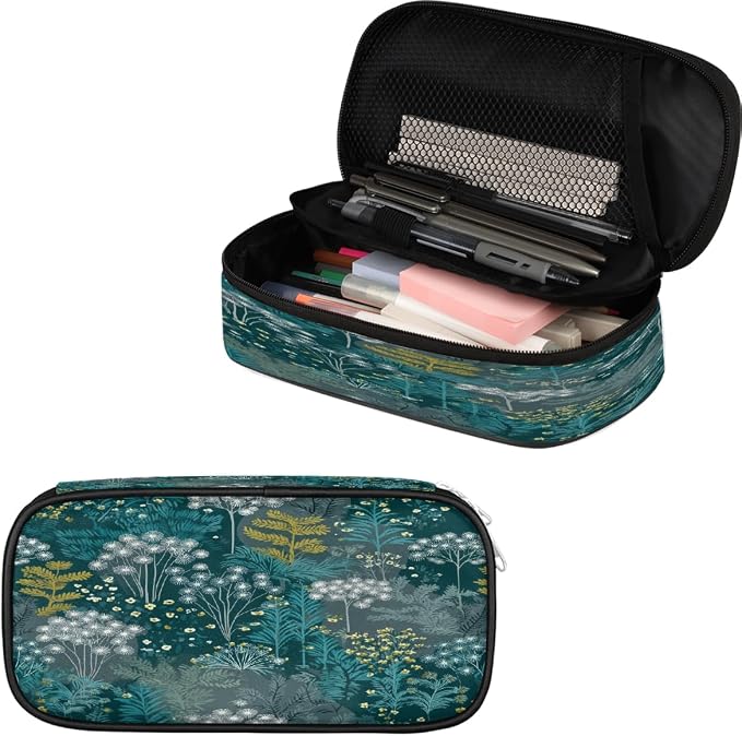 Pencil Case Pouch, Teal Green Plant Pattern Large Pen Bag with Zipper, Portable Zipper Pencil Pouch Organizer for Student Teen Girls Boys