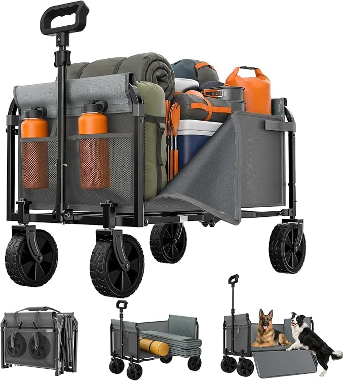 Portable Collapsible Wagon Cart, Foldable Cart with Removable Side, Utility Groceries Wagon for Dogs Cats Camping Beach Shopping Sports Gardeing Fishing, Gray