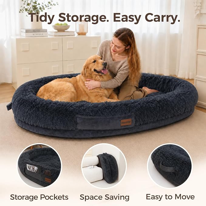 Human Dog Bed for Adult, 71"x48" Large Pet Dog Bed, Dark Grey | Adult Dog Bed for Humans with Pillow & Blanket, Fluffle Cloud Dog Bed with Orthopedic Foam Bolster, Durable Zipper, Portable