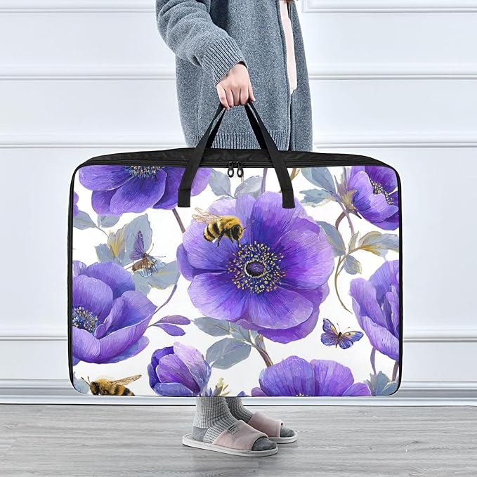 Comforter Storage Bags Large Folding Blanket Organizer Bag with Strong Handles Clear Window Closet Storage Containers for Clothes King Queen Pillows Bedding Quilt Duvet Purple Anemone Bees