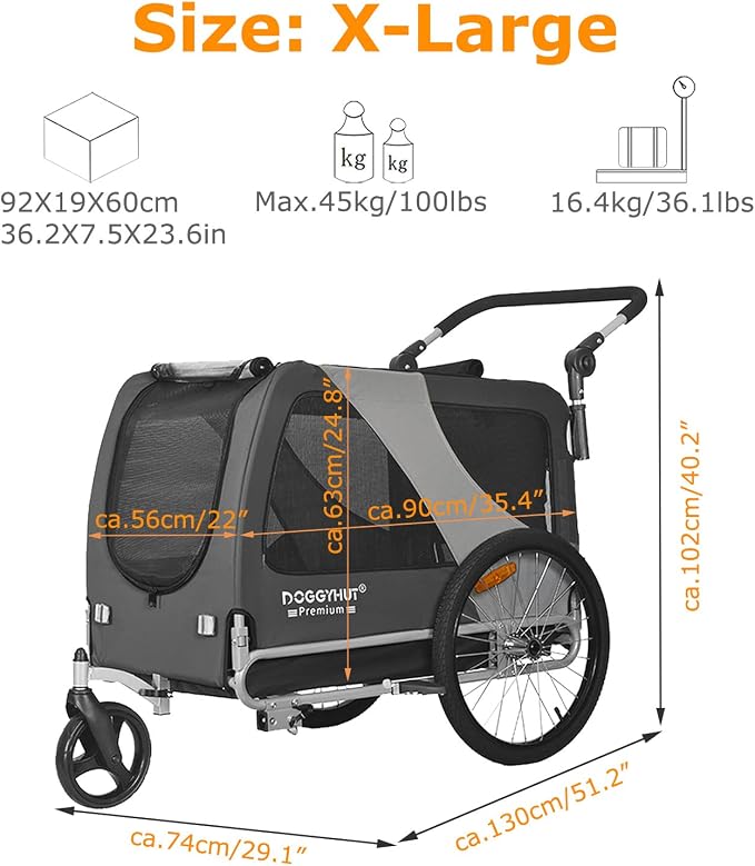 DOGGYHUT® Premium X Large Pet Bike Trailer & Stroller Up to 100 lbs (Gray) | Bicycle Trailer for Small Medium or Large Dogs, Dog Bicycle Carrier, Low Center of Gravity, Folding Frame Cart