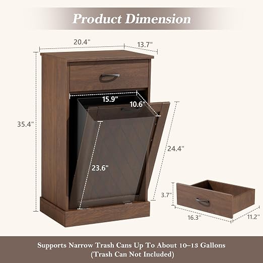 njnj 13 Gallons Tilt Out Trash Cabinet, Kitchen Hidden Trash Bin Cabinet Wood Garbage Recycling Cabinet with Hideaway Drawer, Pet Proof Freestanding Trash Bin for Kitchen Living Room Brown