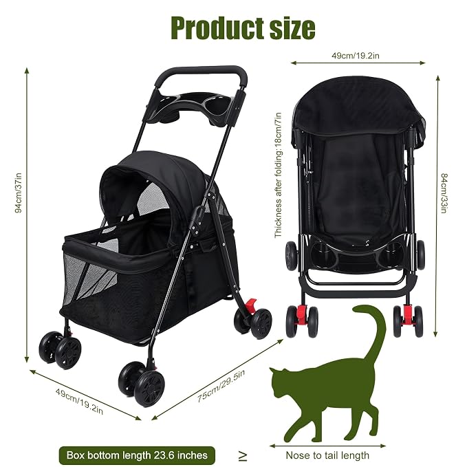 4‑Wheel Foldable Pet Stroller, Travel Strolling Cart for Small & Medium Dog | Breathable Visible Mesh Window, Cup Holder & Storage Basket, Rear Wheel Dual Brake, Portable Folding Design Black