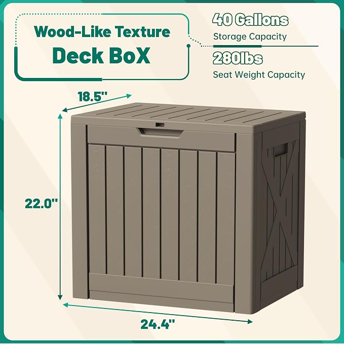Devoko 40 Gallon Deck Box Lockable Outdoor Storage Box Waterproof for Patio | Weatherproof Use Indoors Outdoors, Holds Patio Cushions, Garden Tools & Pool Supplies, Easy 15-min assembly.