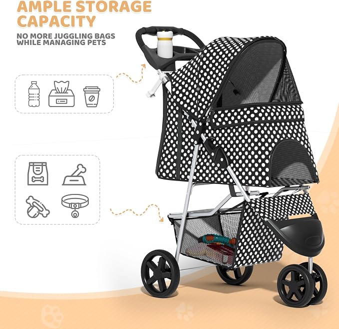 Magshion 3-Wheel Pet Stroller for Small/Medium Dogs & Cats, Up to 33lbs | Foldable Travel Jogger w/ Breathable Mesh Cover, Lightweight Design, Safety Tethers, Cup Holder & Storage Basket