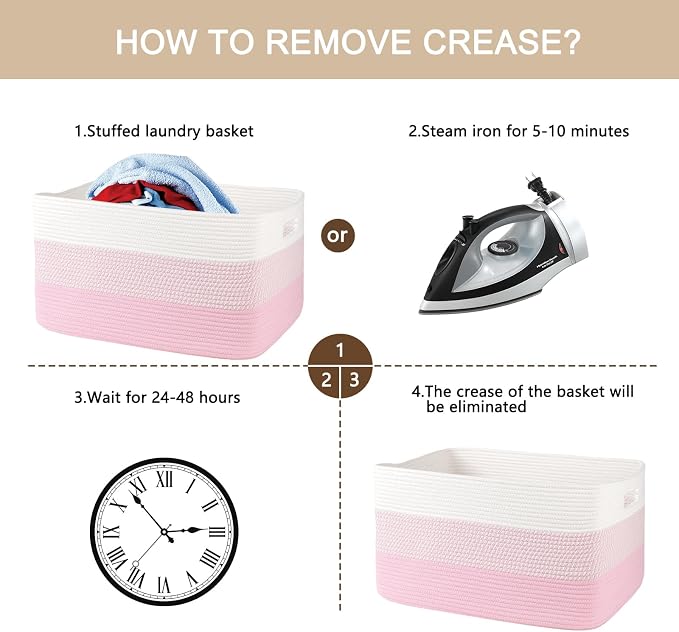 OIAHOMY Blanket Basket Laundry Basket Dog Toy Basket 75L Pink/White | Large Storage Basket,Baby Basket,Toy Storage,Woven Rope Basket for Blankets,Blanket Storage for Living Room