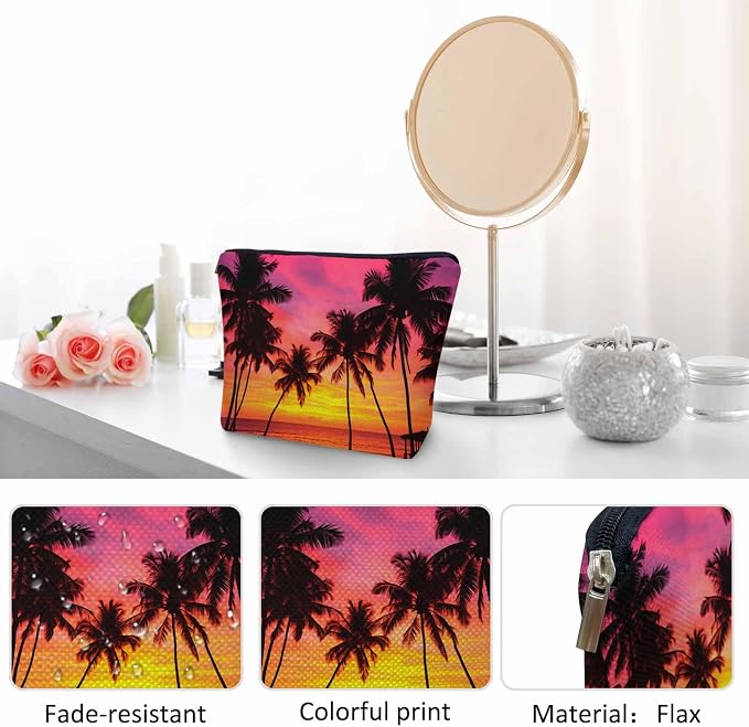 Tropical Beach Makeup Bags Makeup Organizer, Hawaii Ocean Beach Palm Trees Sunset Flax Toiletry Bags Travel Cosmetic Bag Makeup Purse Pouch Skincare Bag Wallet Bags For Women Female Mom