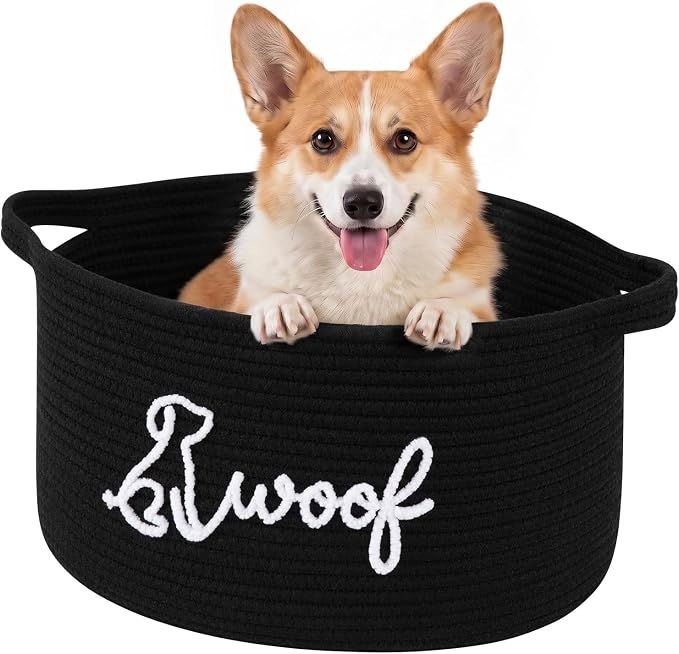 OIAHOMY 22L Large Dog Toy Basket, 16.5"x11.4"x9" Cotton Rope Basket with Cute Woof Embroidery, Soft Woven Pet Toy Box with Handles for Blankets, Leashes & Puppy Accessories, Decorative Organizer Black