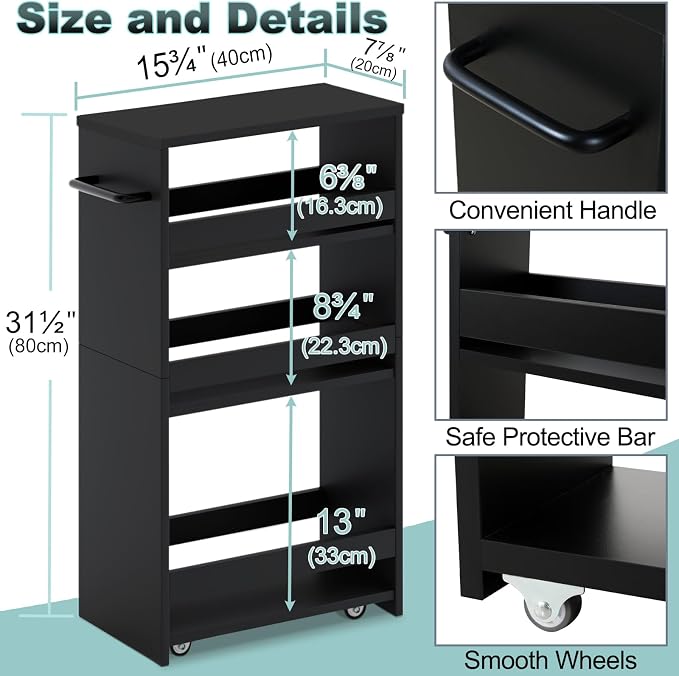 MARTY Slim Rolling Storage Cart, Wood Utility Kitchen Bathroom Laundry Cart | 4 Tier Kitchen Cart with Wheels Handle, Laundry Room Organization Between Washer and Dryer, Narrow Storage Cabinet, 8” Wide