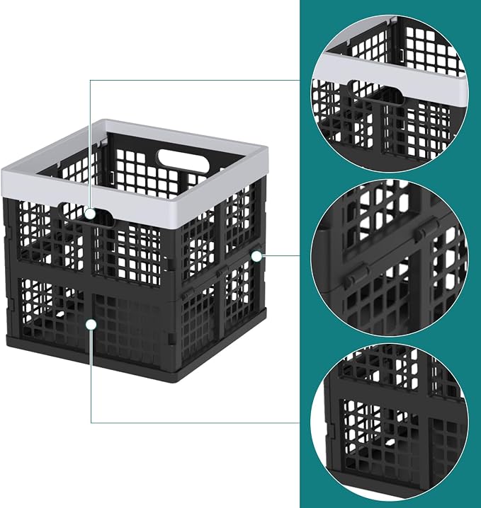 Sandmovie 3 Packs Collapsible Storage Crates, 18 L Square Foldable Crate | Stackable Plastic Organizer Bins for Closet, Pantry, Garage, Car Trunk, Office, Black