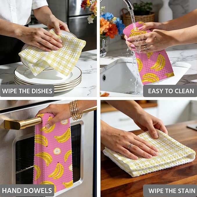 Banana and Yellow Checkered Kitchen Towels, Quick Dry Multipurpose Waffle Weave Hand Towels for Bathroom, Absorbent Reusable Cloth Tea Dish Towels for Home Decor, Banana Lover Gift Towel Set of 2