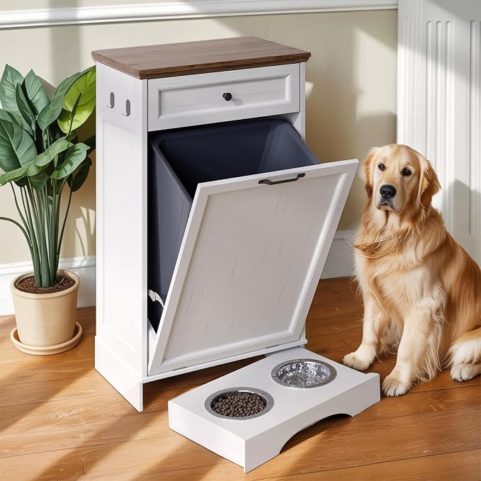 Tilt Out Trash Can Cabinet with Dog Bowl, 10 Gallons Dog Feeding Station with Storage Cabinet, Pet Food Cabinet with Hideaway Drawer for Kitchen, Living Room