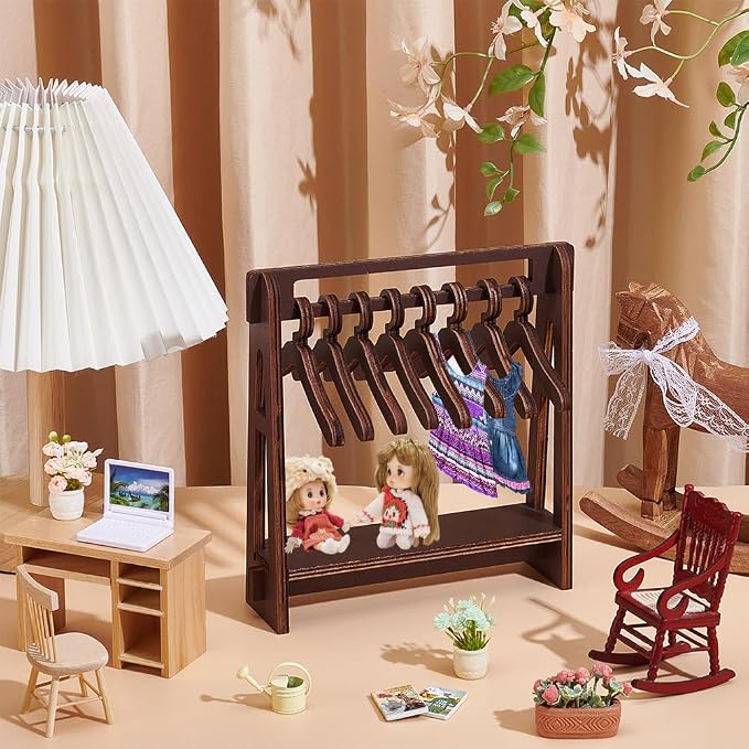 UNICRAFTALE Wood Dog Garment Rack with 10Pcs Wood Pet Clothes Hanger Small Dolls Clothes Racks Coconut Brown Mini Dog Dress up Storage for Doll Pet Cat and Puppy Accessories 7.48"x2.05"x8.27"