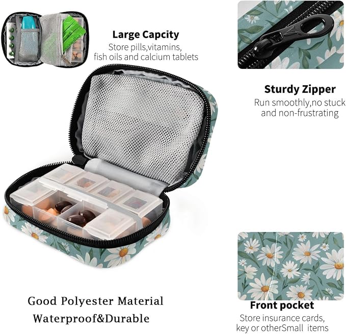 Fustylead Beautiful Daisy Flowers and Leaves Pill Organizer for Purse, Weekly Portable Pill Box with Zipper to Storage Vitamins Fish Oils Medications Supplements
