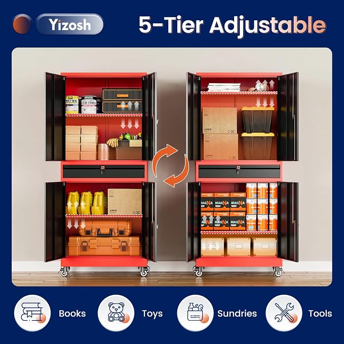 Metal Garage Storage Cabinet with Locking Doors and Adjustable Shelves,- 73" Rolling Tool Storage Cabinet with 4 Wheels and 1 Drawer for Garage,Warehouse (Red Black)