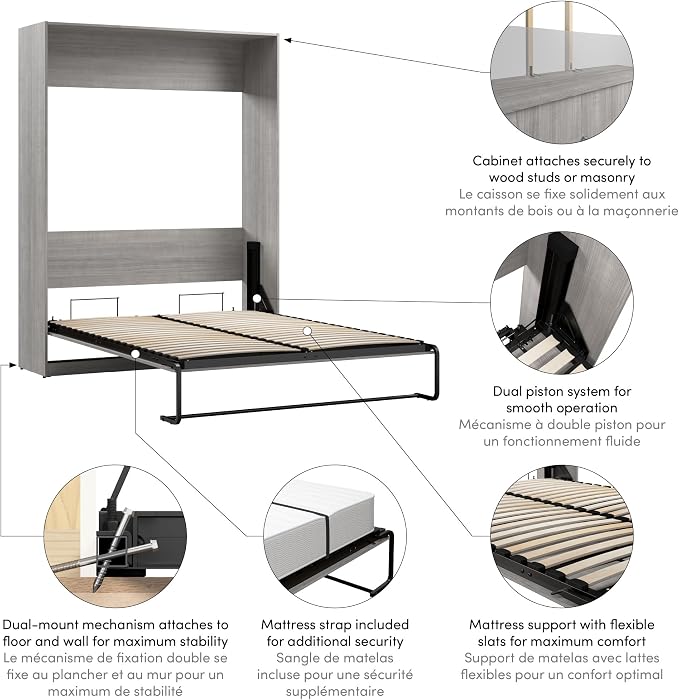 Bestar Queen Murphy Bed, Platinum Gray, Claremont | Dual piston mechanism; for guest room or multipurpose space