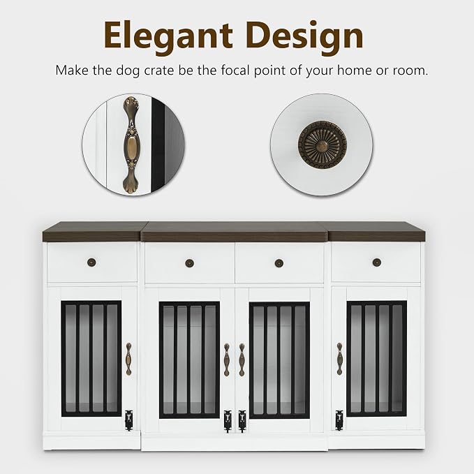 MCombo 55.5" Wooden Dog Crate Furniture with 4 Drawers 1872 White and Brown | 4 Lockable Doors, Indoor as TV Stand, For Medium/Large Dogs, Elegant Handles Design