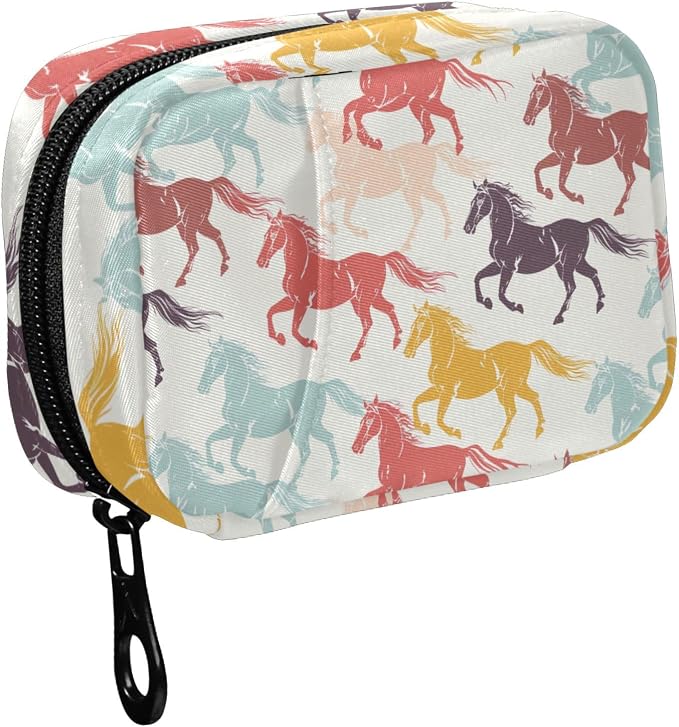 Fustylead Colorful Galloping Horses Silhouette Pill Organizer for Purse, Weekly Portable Pill Box with Zipper to Storage Vitamins Fish Oils Medications Supplements