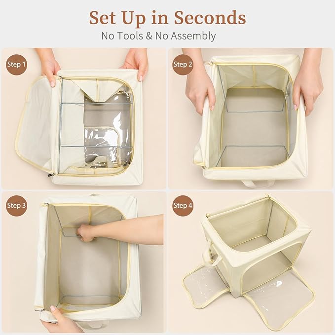 GoMaihe Clothes Storage Bins with Metal Frame for Closet, 40L 3-Pack Beige | Sweaters Hoodies Towel T-Shirt, Closet Top Shelf Linen Closet Organizer, 3 Side Access Clear Window Collapse-Proof, Stackable