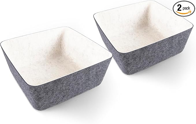 Three by Three Seattle Tapered Felt Storage Bins 2-Pack 9x9 Charcoal/Cream | Recycled felt tapered bins; soft non-scratch; 5"x5" fits most drawers; organize desk, office, bathroom, bedroom & entryway