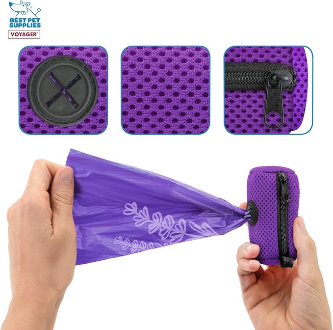 Best Pet Supplies Dog Poop Bag Holder Leash Attachment with Reusable Dispenser for Travel, Walking, Park, and Outdoor Use, Durable with Clip-On - Purple, Mesh Dispenser w/15 Bags