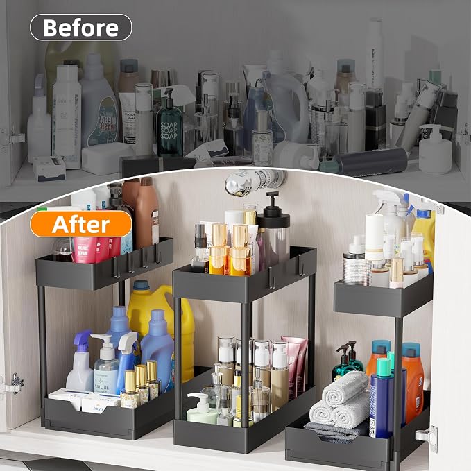 Simple Trending Under Sink Organizer 3 Pack 2-Tier Pull-Out Storage Cabinet | Multi-Use Sink Sliding Under Shelf Organizer with Hooks, for Kitchen Bathroom, Space Saving, Easy Assembly, Black
