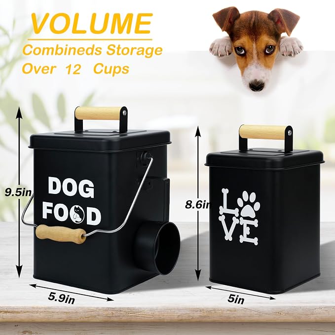 Dog Food Storage Container Set of 2 Dog Treat Container with Airtight Lids Dog Treat Jar with Scoop Metal Dog Food Holder with Wooden Handles for Kitchen Counter and Pantry Home Decor - Black