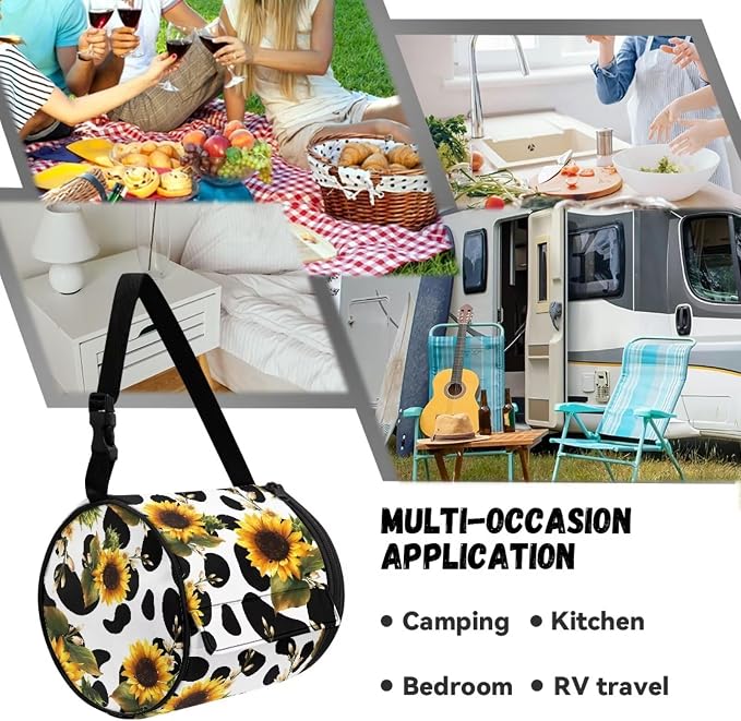 Sunflower Cow Hanging Paper Towel Roll Holder with Adjustable Strap Water Resistant Toilet Tissue Roll Dispenser Handy Toilet Paper Cover Storage Holder