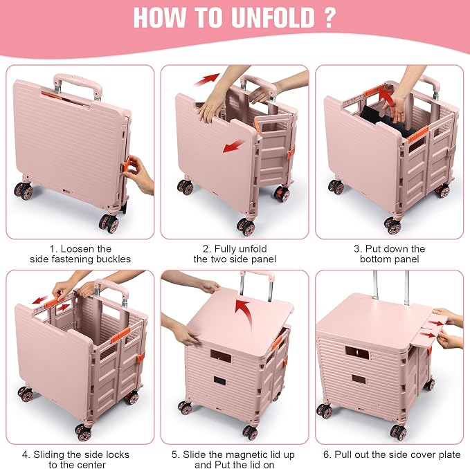 FELICON SELORSS Folding Utility Cart Portable Rolling Crate Handcart-Pink | Magnetic Sliding Lid,Telescoping Handle,Plastic Box Dolly,360°Swivel Wheels for Travel Shop Move Laundry Office Teacher Use